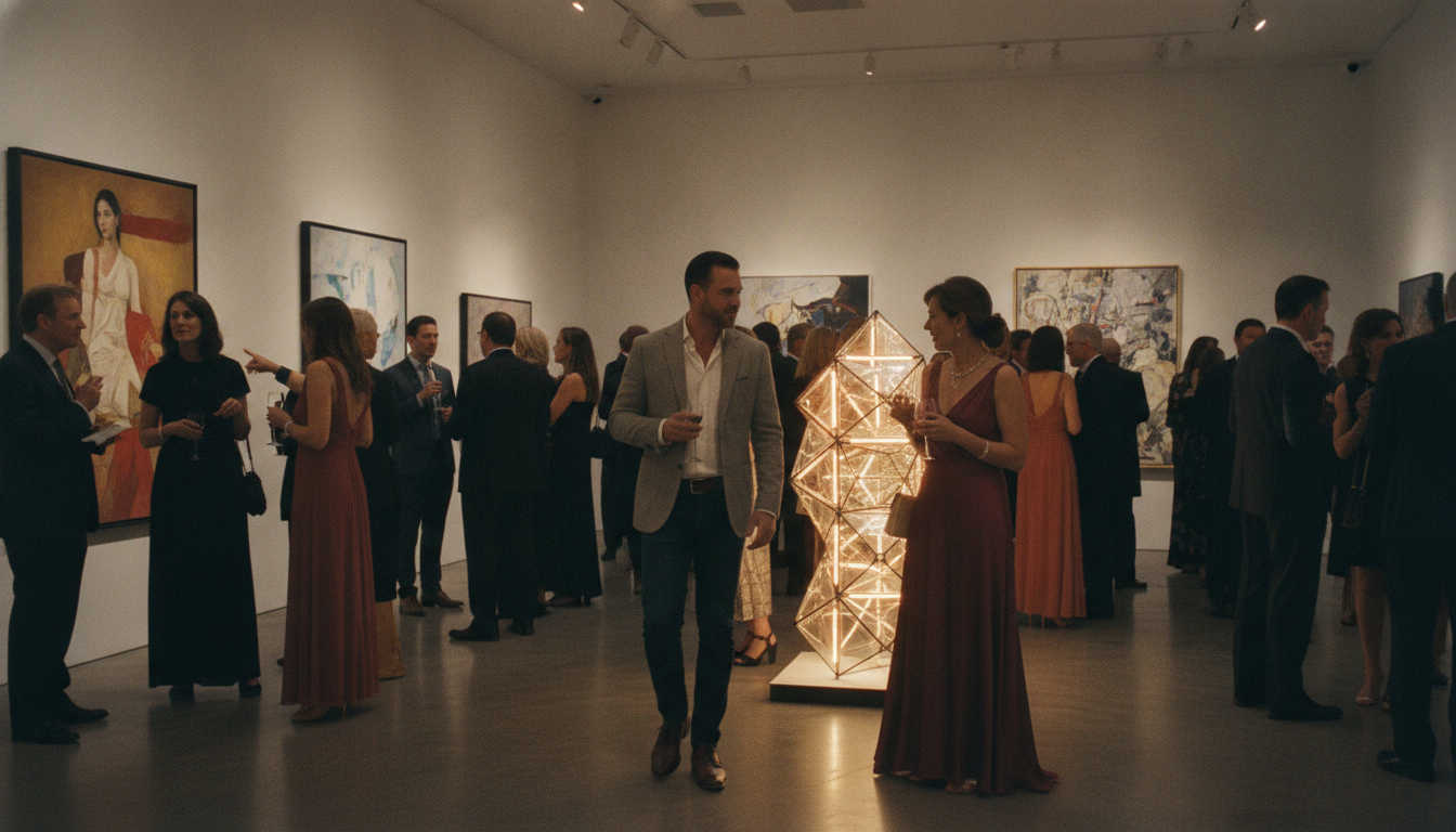 Besucher unterhalten sich bei einer Kunstausstellung als kultureller Treffpunkt