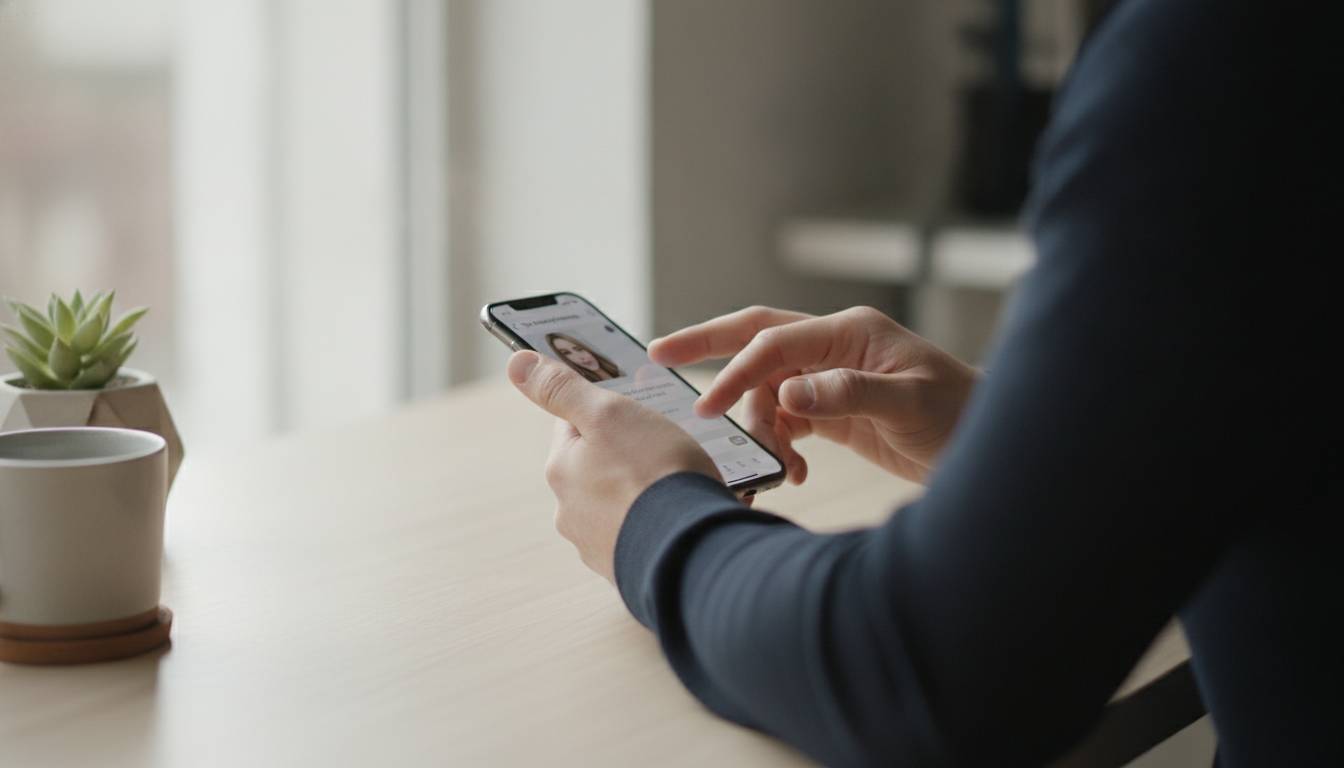 Mann tippt überlegt eine persönliche erste Nachricht auf dem Smartphone
