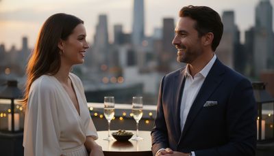 Mann und Frau im Gespräch bei einem stilvollen Networking-Event auf einer Dachterrasse
